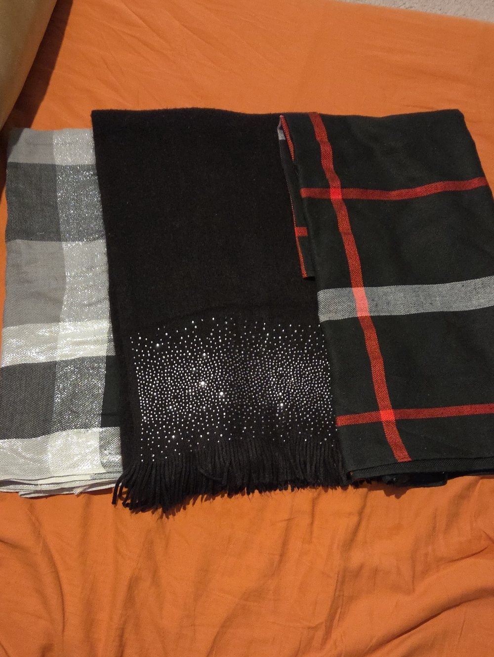 Set of Three Women's Scarves - Black, Gray, Red Plaid